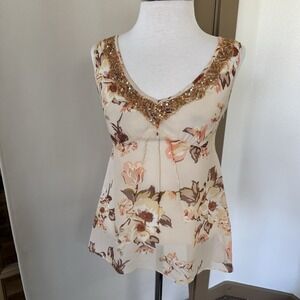 Banana Republic Women's 2‎ Beige Floral Seqin Silk Double V-Neck Tank Top